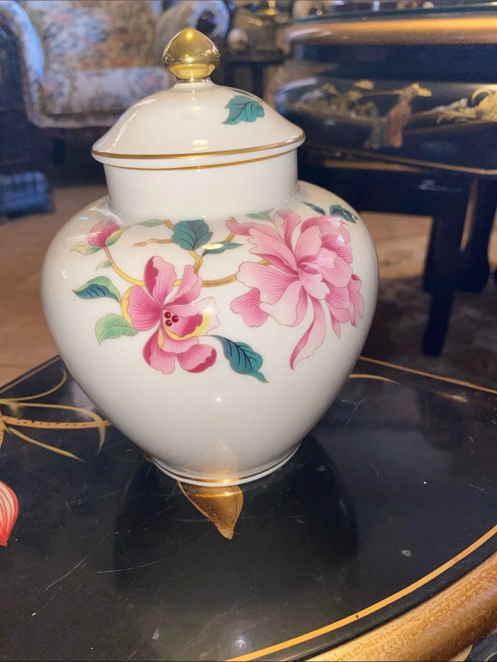 Vintage Lenox Porcelain Floral Jar with 24K Gold Trimming and Pink Blossoms